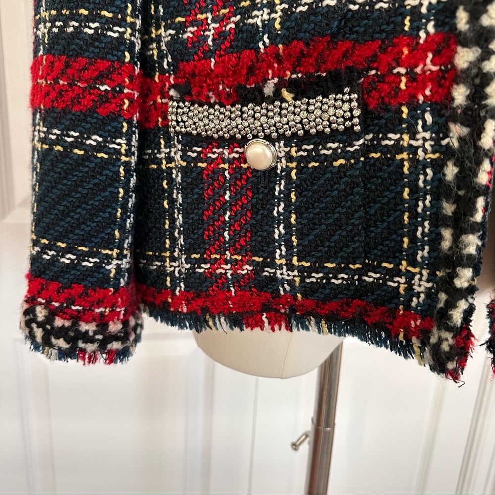Zara Navy Black Red Plaid Bouckle Tweed Pearl Beaded Trim Blazer Jacket Size L❤️ - Picture 7 of 15